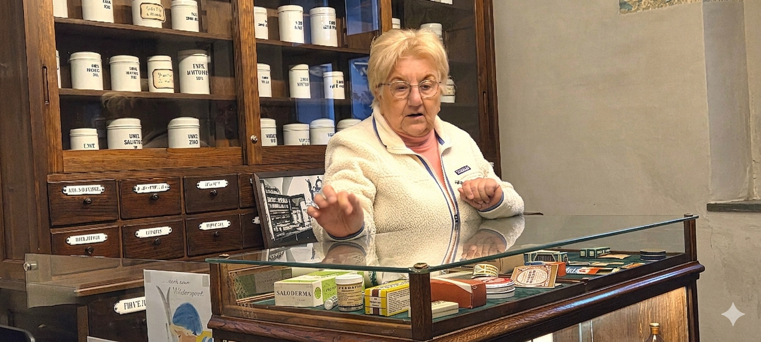 „Hier wird die ‚bittere Pille‘ zur Geschichte: Helma Koch lüftet hinter dem Apothekertresen das Geheimnis, warum früher nur die Obrigkeit in den Genuss von Schokoladenüberzügen kam.“